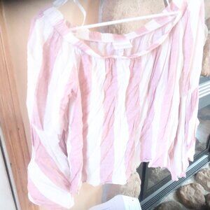 Shayanne XL Off shoulder pink and white striped crop top